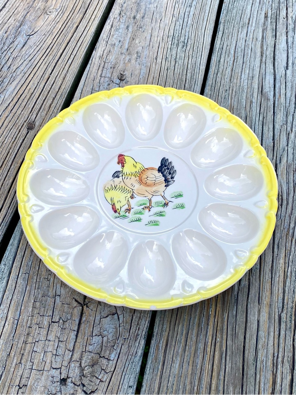 Vintage White Ceramic Deviled Egg Platter 12 Slot Serving Plate Scalloped Trim